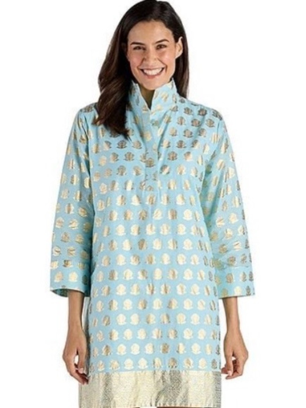 Jude Connally Light Blue Tunic Dress with Gold Metallic Print